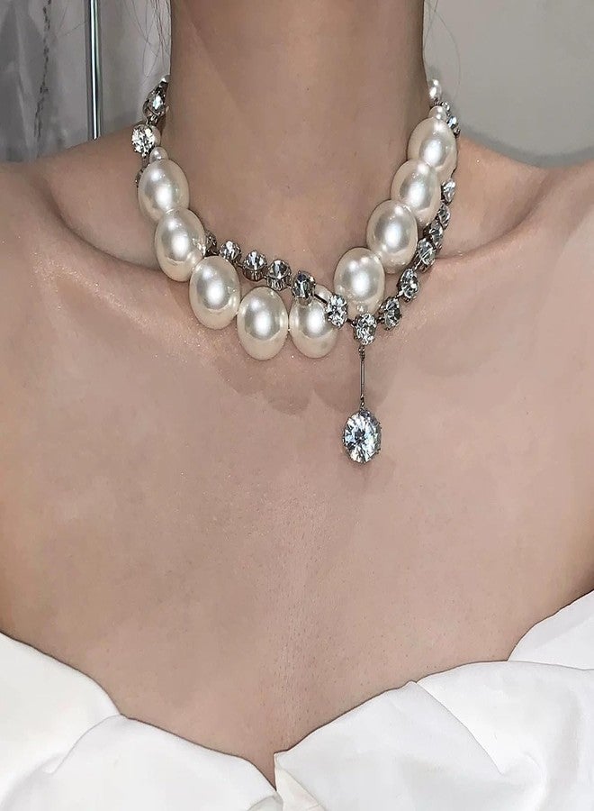 eartif Chunky Pearl Choker Necklace for Women Big Pearl Necklaces Exaggerated Large Pearl Necklaces Layered rhinestone pendant choker Statement Necklace Wedding Jewelry Gifts (Silver) - Image 5